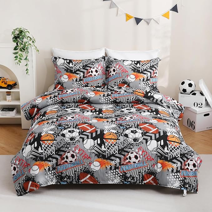 Yibeizi Grey Sports Comforter Set for Boys Twin, Kids Football Basketball Baseball Printed Bedding Set with Pillow Sham, Cute Lightweight Soft Breathable Machine Washable Quilted Bed Comforter