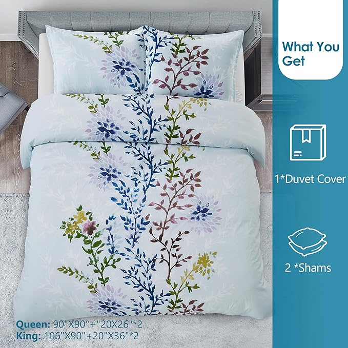 Style Quarters 3PCS King Duvet Cover Set 100% Cotton Duvet Cover with White Leafy Silhouettes Cotton Duvet Cover King Size Machine Washable Includes 1 Duvet Cover + 2 Shams (King)