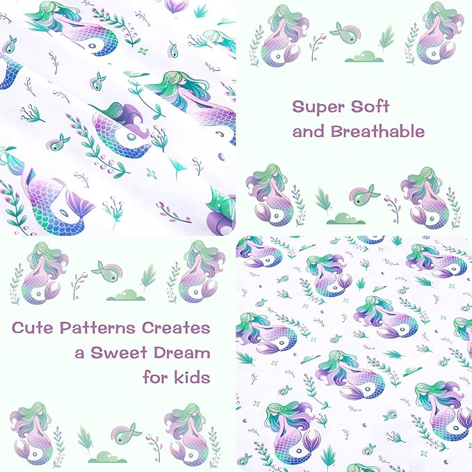 Kids Sheet Set Twin Size, Twin Sheet Set with Mermaid Pattern，Breathable Silky Soft Microfiber Kids Fitted Sheet