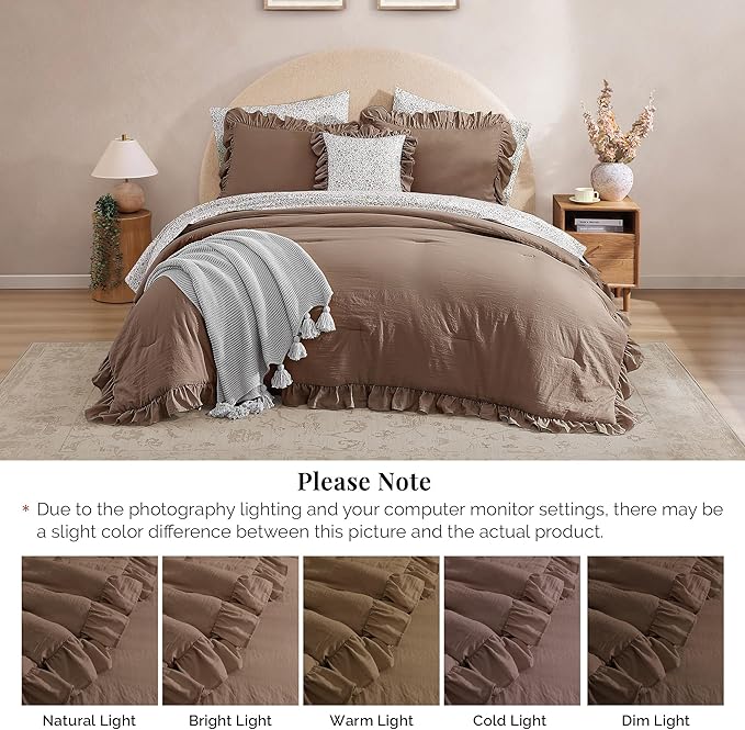 Oversized King Comforter Set - 7 Pieces Ruffle Amber Brown Bedding Sets, Shabby Chic Farmhouse Bed in a Bag with Ruffle Comforter, Floral Sheets, Pillowcases & Shams