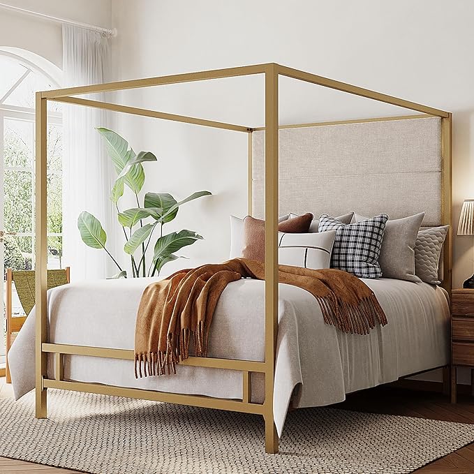 Merax King Size Modern Canopy Bed Frame, with Tall Linen Fabric Upholstered Headboard Metal 4-Poster, Box Spring Needed, Gold + Tan
