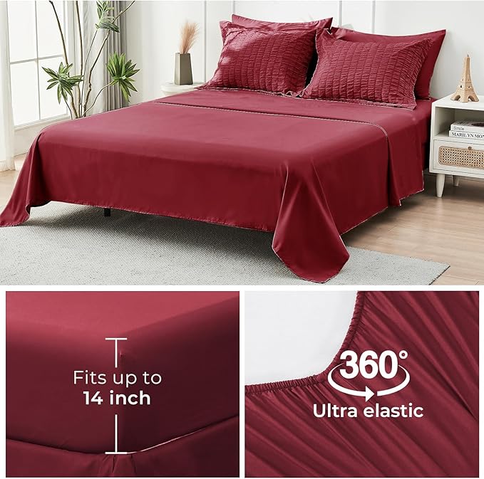 HYMOKEGE Burgundy Twin Comforter Set Seersucker 5 Pieces, All Season Luxury Bed in a Bag for Bedroom, Bedding Set with Comforters, Sheets, Pillowcase & Sham