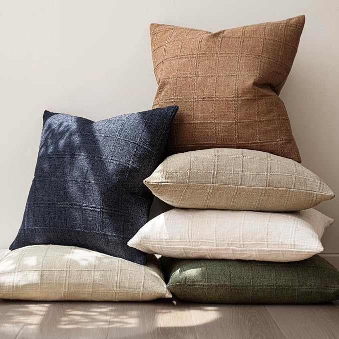Foindtower Set of 2 Decorative Linen Check Throw Pillow Covers Neutral Farmhouse Vintage Cushion Covers Modern Boho Home Decor for Sofa Chair Couch Bedroom Living Room,20×20 Inch,Navy Blue