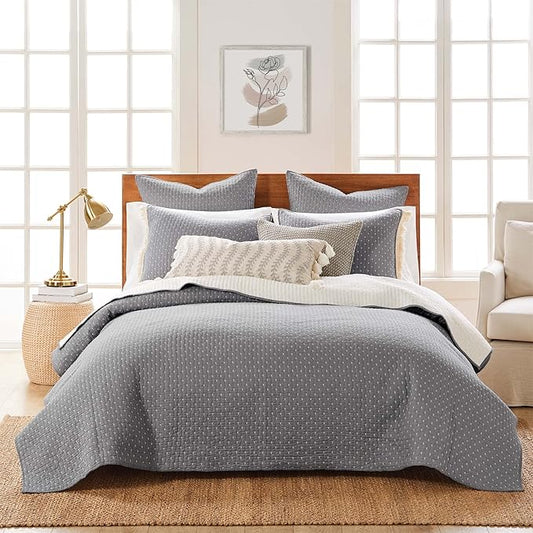 Levtex Home Cross Stitch Reversible Full/Queen Quilt Set (88x92in) and 2 Pillow Shams (26x20in) - Stitch Texture - Grey and White - Cotton Queen Size Quilt Bedding Set - Lightweight Soft Pre-Washed