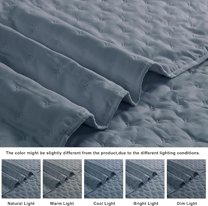 ROARINGWILD Dusty Blue King Size Quilt Bedding Set, Lightweight Soft Bedspread, Farmhouse Rustic Country Coverlet, Thin Cloud Comforter for Spring Summer, 2 Pillow Shams, 104x90 inches