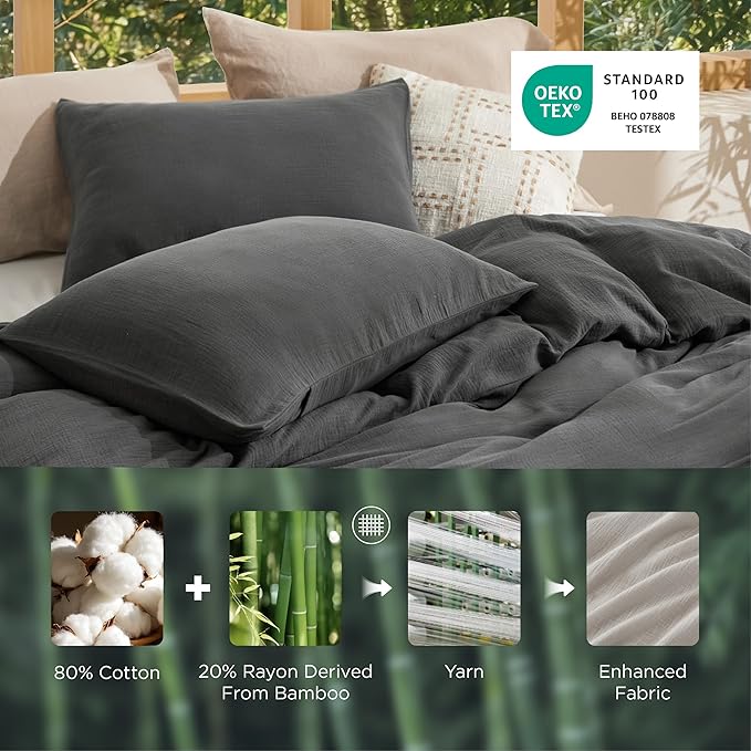 Bedsure Muslin Duvet Cover Queen Size - Cotton Blend Rayon Derived from Bamboo, Cooling Duvet Covet for Hot Sleepers - Ultra-Soft & Breathable Bedding Set for All Seasons(Dark Grey, 90"x90")