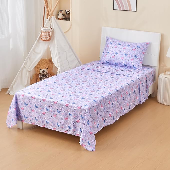 Kids Sheet Set Full Size, Girls Full Sheet Set with Floral Purple Butterfly Pattern, Breathable Silky Soft Microfiber Kids Fitted Sheet