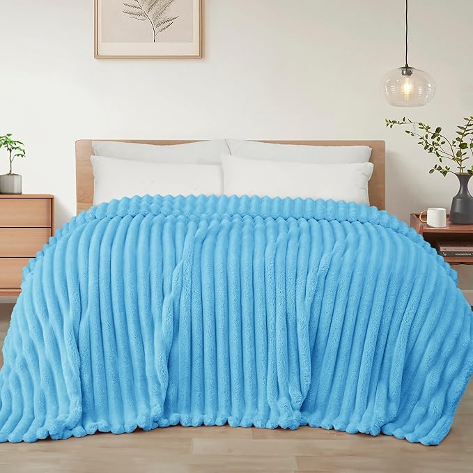 Exclusivo Mezcla Queen Size Flannel Fleece Blanket, Super Soft Striped Jacquard Bed Blanket, Lightweight Fuzzy Cozy for All Seasons, 90x90 Inches, Blue