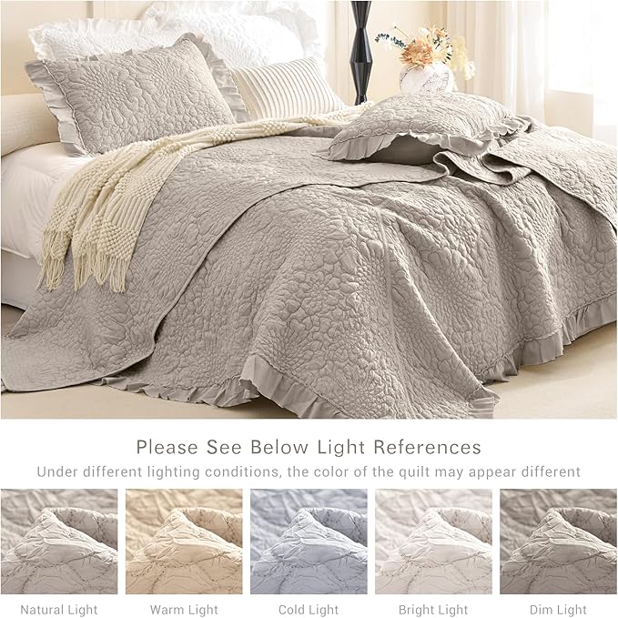 Lady Ann Queen Size Bedspread Set 102 * 118, Linen Feel Stone-Washed Ruffled Quilted Coverlet, 3 Pcs Crinkled Quilt Set Shabby and Chic Blanket Farmhouse Rustic Bedding Set Lightweight