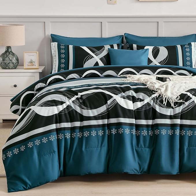 Anibedding Teal Comforter Set King Size, 8 Piece Patchwork Striped Comforter Set, Soft Microfiber Boho Bedding Set for All Season(104"×90")