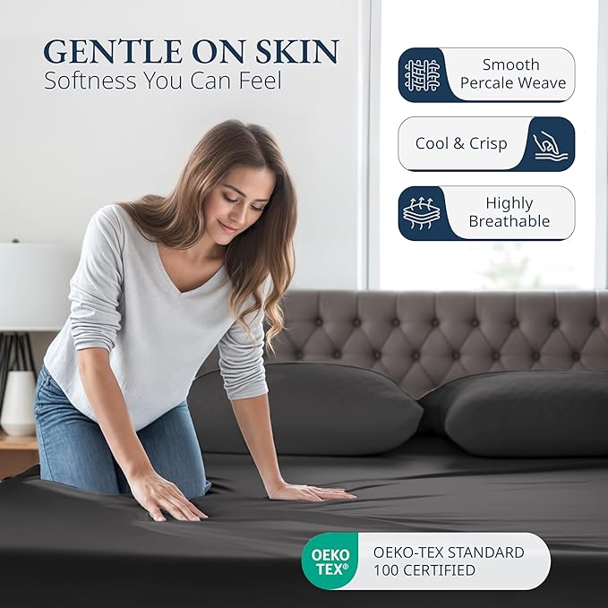 LANE LINEN 100% Organic Cotton Fitted Sheet Queen (+Pillowcases) 3-Piece Set Soft & Comfy Hotel Style Percale Weave Sustainably Produced Queen Size Fitted Sheet only 15" Deep - Black Fitted Sheet