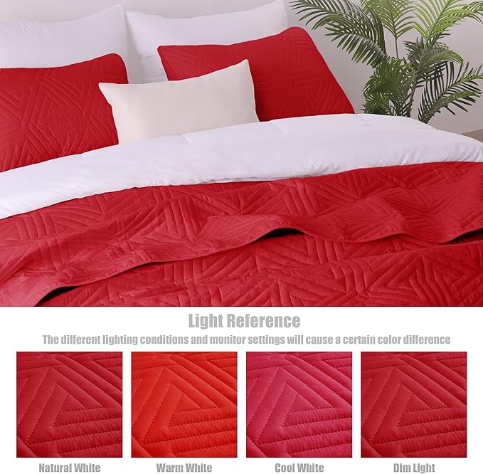 Whale Flotilla Soft Queen Size Quilt Set for All Seasons, 3-Piece Ultrasonic Geometric Quilts Bedding Set, Lightweight Reversible Bedspread, Coverlet, Bed Cover with 2 Pillow Shams, Red