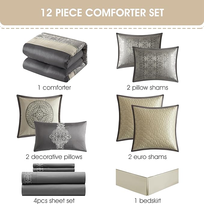 Grand Avenue Silver & Ivory Comforter Set California King Size, Classic Jacquard Bedding Sets, Faux Silk, Premium Microfiber, 12 Pieces Bed in a Bag, Matching Fitted Sheet, Flat Sheet
