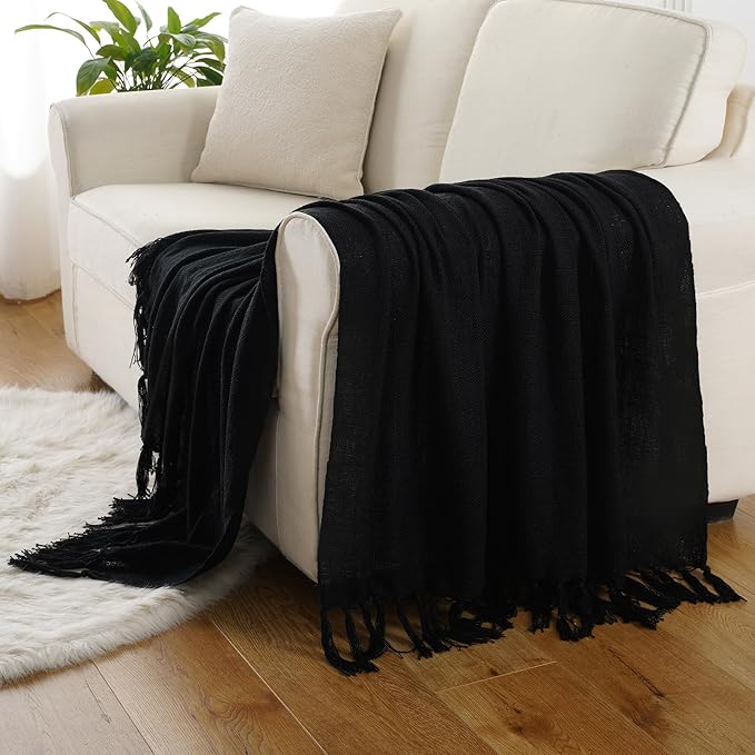 Battilo Black Solid Knit Throw Blanket for Couch and Bed, Soft Textured Plush Blanket, Cozy Lightweight Decorative Blanket for Sofa, 50"x60"