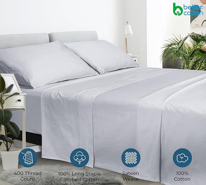 400 Thread Count 100% American Grown Cotton Flat Sheet - Cooling Sheets - Full Sheets - Luxury Sateen Weave - Full Flat Sheet Sold Separately - Soft Silver Flat Sheet Only (Full, Spanish Silver)
