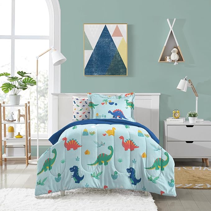 Dream Factory Kids 7-Piece Complete Bed Set Easy-Wash Super Soft Microfiber Comforter Bedding, Full, Blue Sweet Dino