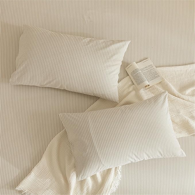 JIYUAN 100% Washed Cotton Striped Duvet Cover Set 3 Pieces King, 1 Duvet Cover and 2 Pillowcases(Comforter Not Included),Linen Like Comfy and Breathable,Pinstripes - Beige White