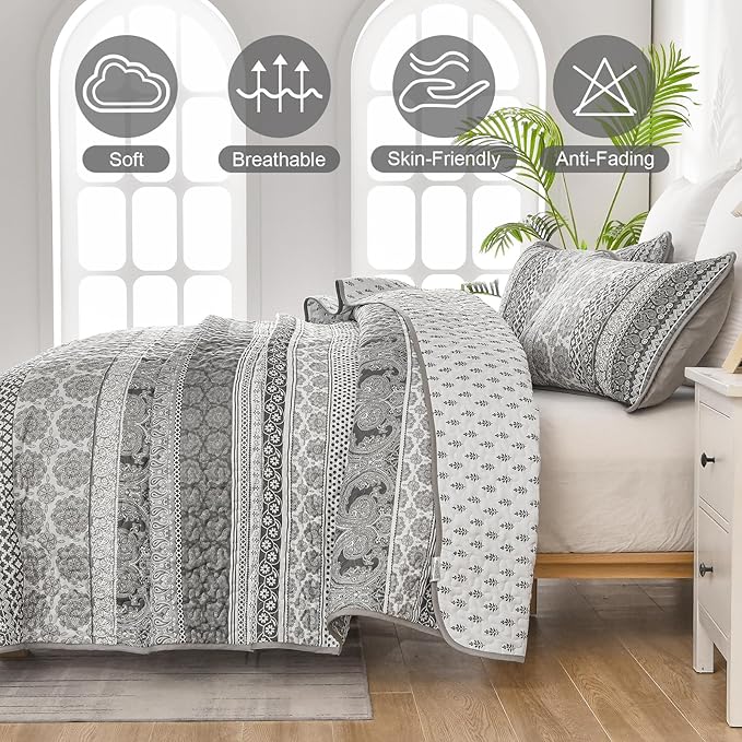 WONGS BEDDING Boho Quilt Set Queen Size, Grey Bohemian 3 Pieces Quilt Sets, Gray Lightweight Bedspread Coverlet Bedding Set for All Season (96"x90")