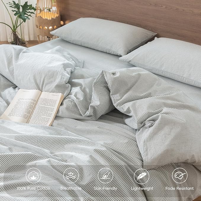 MooMee Striped Duvet Cover Set 100% Washed Cotton Linen Like Textured Breathable Durable Soft Comfy (Heathered Green Pinstripes, Full 80"x90")