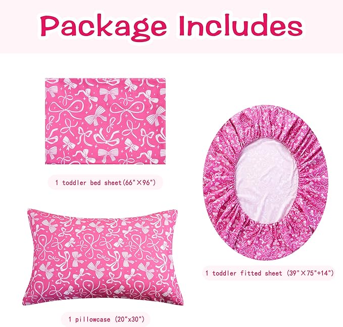 Kids Sheet Set Twin Size, Twin Sheet Set with Pink Bow Pattern，Breathable Silky Soft Microfiber Kids Fitted Sheet
