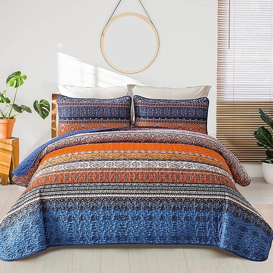 WONGS BEDDING Boho Fall Quilt Full Size, 3 Pieces Orange Blue Bohemian Lightweight Microfiber Bed Decor Bedspread for All Season 78"x90" (Blue Orange, Full)