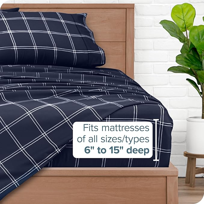 Bare Home Full Sheet Set - Luxury 1800 Ultra-Soft Microfiber Double Brushed - Deep Pockets - Easy Fit - 4 Piece Set (Full, Modern Plaid - Midnight/White)