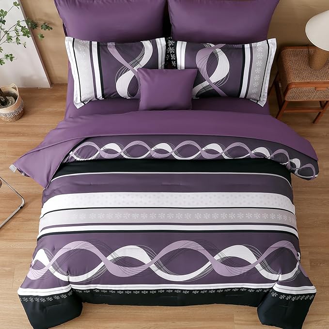 Anibedding Boho Comforter Set,8 Pieces Bed in a Bag Patchwork Striped Comforter Set,Purple Bed Set Queen Size,Soft Microfiber Boho Bedding Set for All Season(90"×90")