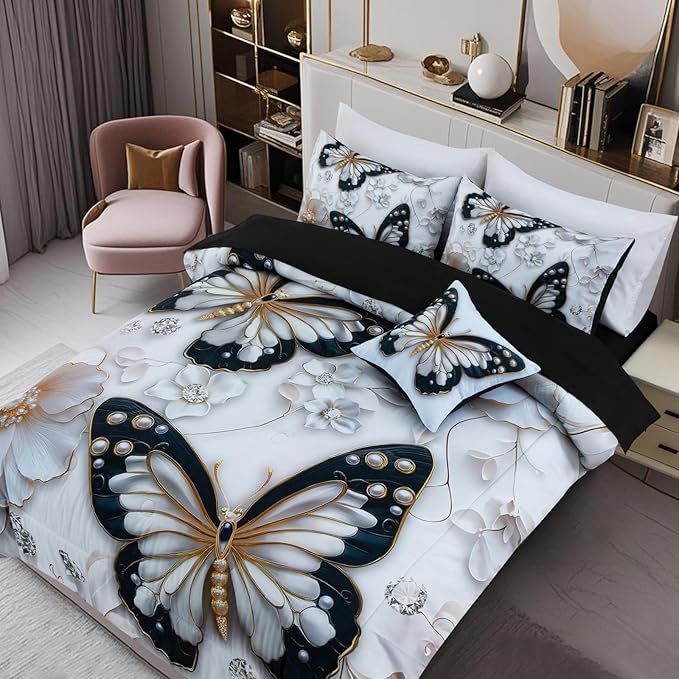 A Nice Night 6pcs Bed in A Bag Black and Glod Dreamy 3D Butterfly Printed, with Pearl Flower Design Butterflies Bedding Queen Comforter Set, for Girls Kids Teens