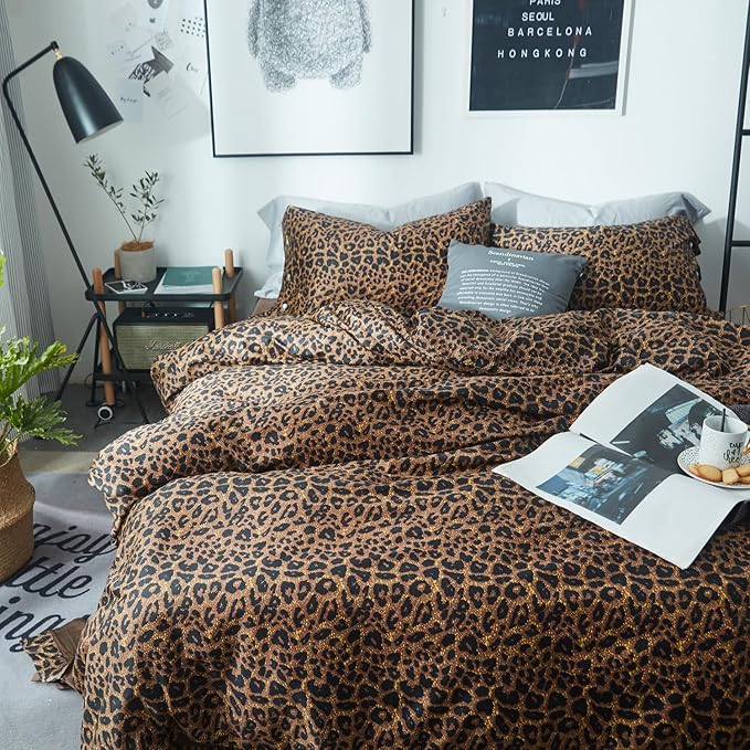 mixinni Leopard Print Duvet Cover California King Size Long Staple Cotton Bedding Set with Zipper Closure Ties, Perfect for Man and Woman, Ultra Soft and Easy Care (3pcs, California King Size)