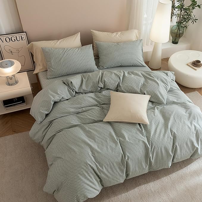 JIYUAN 100% Washed Cotton Striped Duvet Cover Set 3 Pieces King, 1 Duvet Cover and 2 Pillowcases(Comforter Not Included),Linen Like Comfy and Breathable,Pinstripes - Green White