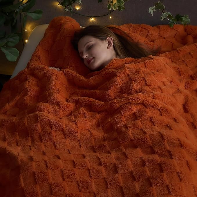 NEWCOSPLAY Super Soft King Blanket Orange Premium Silky Flannel Fleece 3D Checkered Lightweight Bed Blanket All Season Use (Orange Checkered, King(90"x110"))