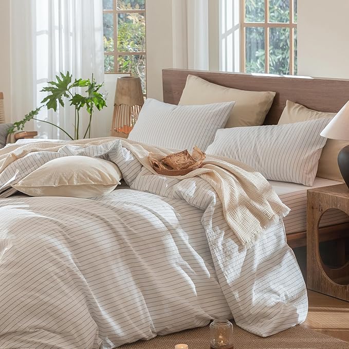 MooMee Striped Duvet Cover Set 100% Washed Cotton Linen Like Textured Breathable Durable Soft Comfy (White Cornflower Blue Wide Stripes, Oversized Queen 98"x98")