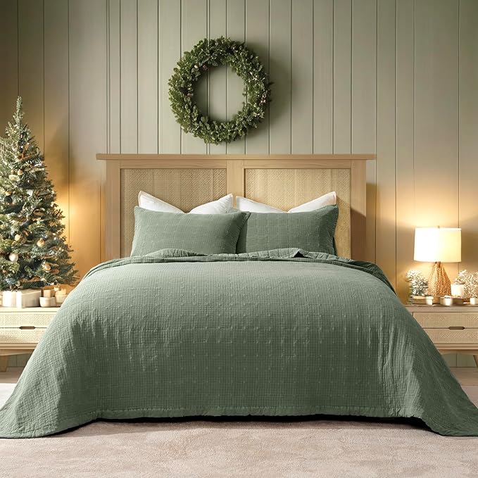EVERGRACEHOME Stonewashed Cotton Quilt Set Full Queen Size, Ultra Soft Oversized Bedspread Coverlet Set, Lightweight Crinkle Box Stitch Bedding Sets for All Season, with 2 Shams, Olive Green