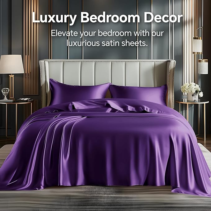 BEDELITE Satin Sheets Twin XL Size Bed Set, Luxury Soft Plum Purple Sheets for Hair and Skin, Similar to Silk Bed Sheets Set 3 Pieces with 1 Deep Pocket Fitted Sheet, 1 Flat Sheet, and 1 Pillowcase