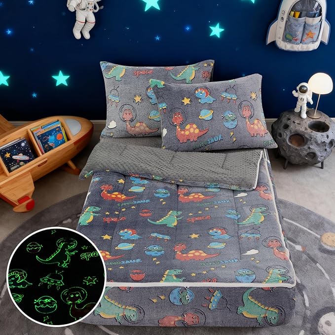 A Nice Night Dinosaur Printed Plush Zippered Comforter Set,Zipper Bedding Glow in The Dark for Child, Galaxy Theme,Twin