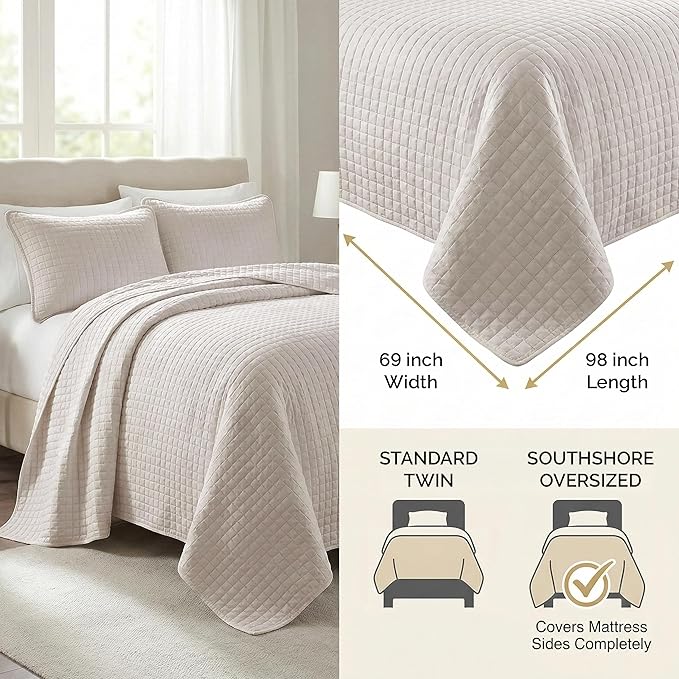 Southshore Fine Living, Inc. Twin Quilt Bedding Set, Soft Brushed Microfiber XL Twin Bedspread Coverlet, Stain & Pet Hair Resistant Bedding, XL Bedspread with Matching Pillow Sham, Bone