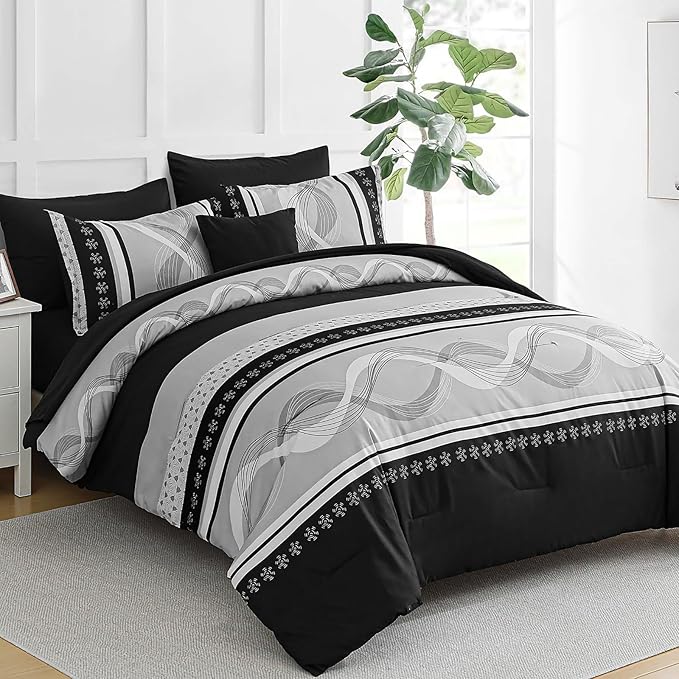 Anibedding Black Comforter Set Full Size,8 Pieces Boho Bed in a Bag Patchwork Striped Comforter Set, Soft Microfiber Bedding Set for All Season(78"×90")