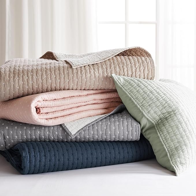 Levtex Home Cross Stitch Reversible Queen Bedspread Set (104x106in) with 2 Pillow Shams (26x20in) - Stitch Texture - Navy - Cotton Queen Size Bedspread Set - Lightweight, Soft, Pre-Washed