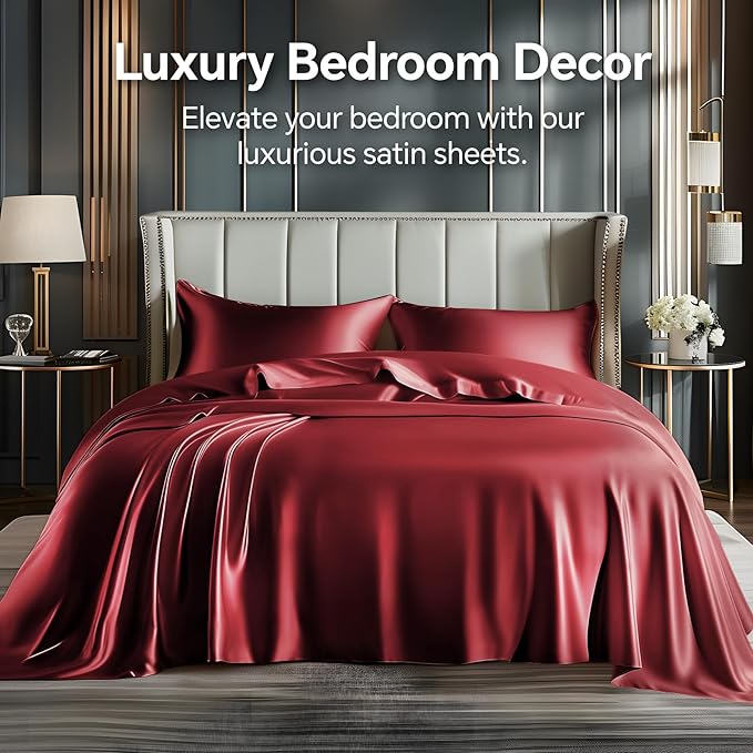 BEDELITE King Size Sheets Set, Luxury Soft Burgundy Satin Sheets for Hair and Skin, Similar to Silk Bed Sheets Set 4 Pieces with 1 Deep Pocket Fitted Sheet, 1 Flat Sheet, and 2 Pillowcases