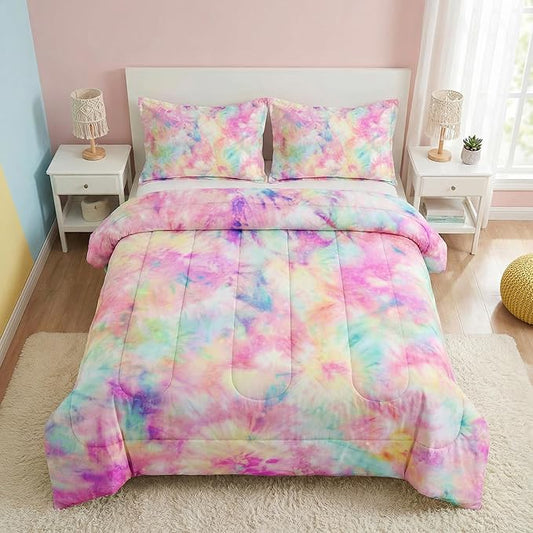 Full Size Comforter Set with 2 Pillowcases, Pink Yellow Painting Tie Dye Soft 3 Pcs Bedding for Kids and Adults Bedroom Bed Decor