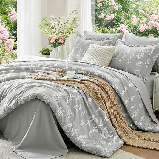 MUXHOMO Silver Grey Bed in a Bag Queen 7 Pieces, Queen Comforter Set Reversible Botanical Flowers Design, Ultra Soft & Breathable Bedding Sets with Comforter, Sheets, Pillowcases & Shams