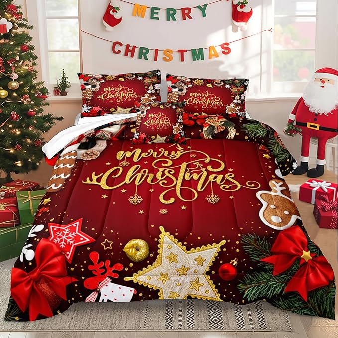 Bedbay Merry Christmas Bedding Queen Comforter Set Red Chritsmas Quilt Set Lightweight Down Comforter 4 Pcs Xmas Festival Theme Bedding Set 1 Comforter 2 Pillowcases 1 Cushion Cover(Red,Queen)