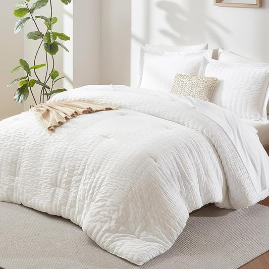 CozyLux California King Comforter Set with Sheets 7 Pieces, White Seersucker Bed in a Bag Cal King Luxury Soft Bedding Sets with Down Alternative Comforter, Sheets, Pillowcases & Shams for All Season