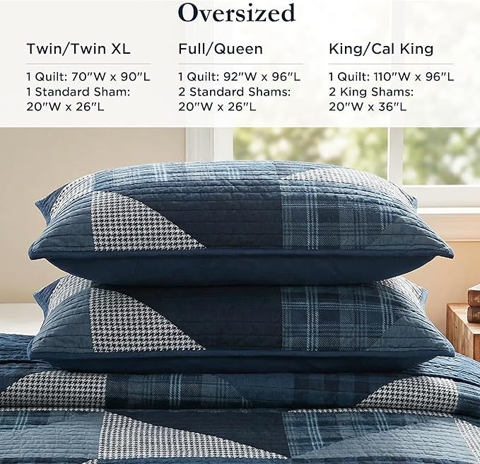 Woolrich Olsen Reversible Quilt Set - Cottage Styling Reversed to Solid Color, All Season Lightweight Coverlet, Cozy Bedding Layer, Matching Shams, Oversized Full/Queen, Geometric Plaid Blue 3 Piece