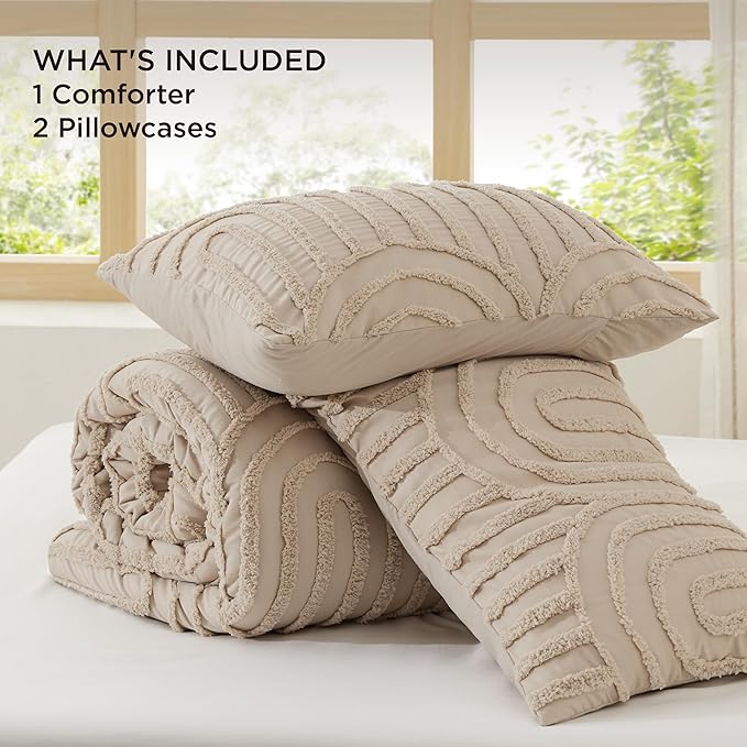 Bedsure Boho Tufted Khaki Comforter Full Size, GentleSoft™ 3 Pieces Boho Farmhouse Decor Bedding, Arch Shabby Chic Bedding for All Seasons, 1 Bed Comforter, 2 Pillow Shams, 82x86 Inches