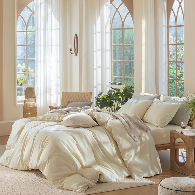 MooMee Bedding Duvet Cover Set 100% Washed Cotton Linen Like Textured Breathable Durable Soft Comfy (Solid Cream, Super King 108"x90")