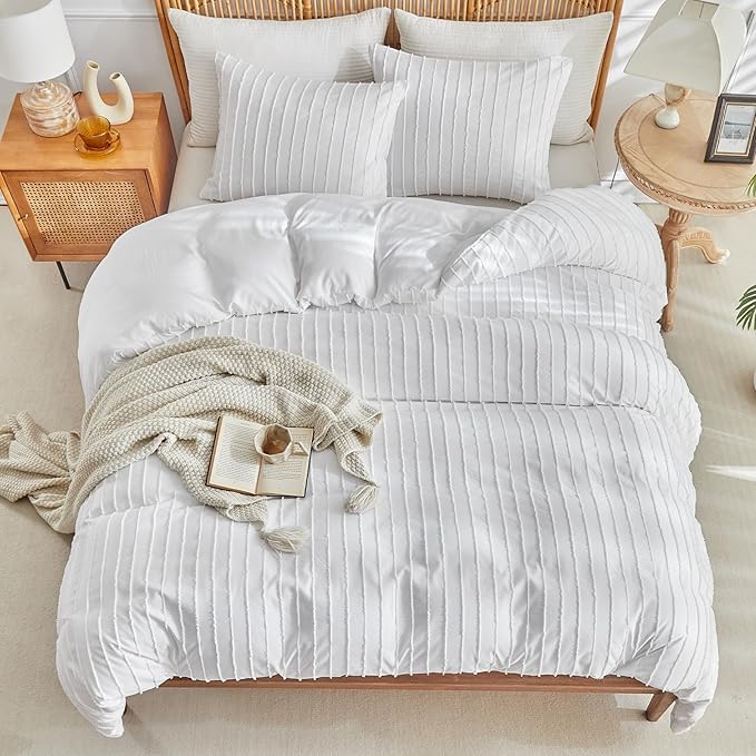 Lekesky White Duvet Cover Queen Size, Striped Tufted Textured Queen Duvet Cover Set 3pcs Ultra Soft Microfiber Breathable Shabby Chic Boho Bedding Sets with Zipper Ties (No Comforter)