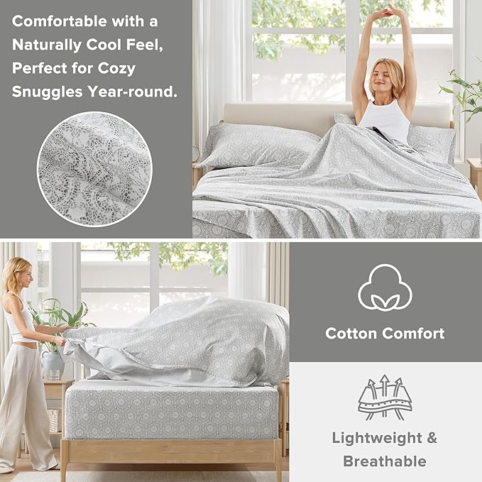 Comfort Spaces Extra Deep Pocket, 100% Cotton King Fits up to 24" Mattress, Breathable, Naturally Cool, Soft, All Seasons Sheet Set, Adelia Grey 4 Piece