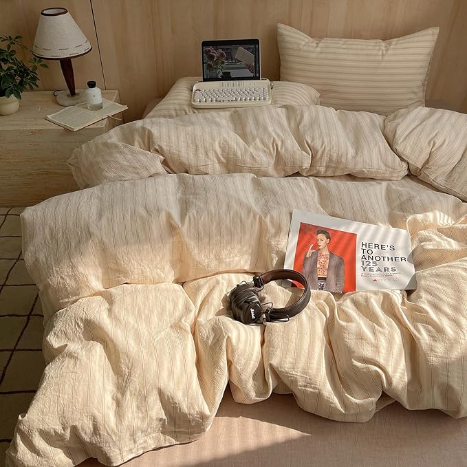 mixinni Retro Striped Duvet Cover Set Full Size - 100% Washed Cotton Beige Duvet Cover with Black White Stripes, Soft Breathable 3 Piece Comforter Cover with Zipper Closure & Corner Ties
