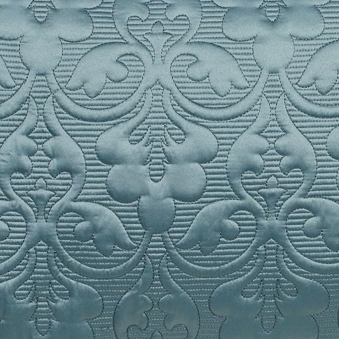 Cambridge Classic Luxury Bedding | Blue Shadow Solid Color Polyester Satin | Elaborate Damask Quilting | Generous 21 Inch Drop | 3 Piece Bed Set Includes Oversized Full Bedspread & 2 Standard Shams
